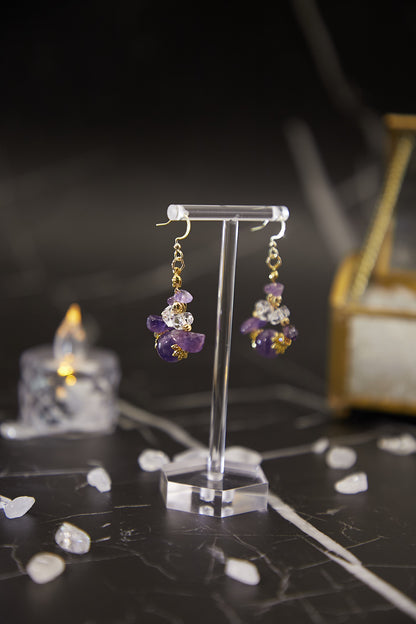 E011-Dreamlike Amethyst．White Crystal Earrings