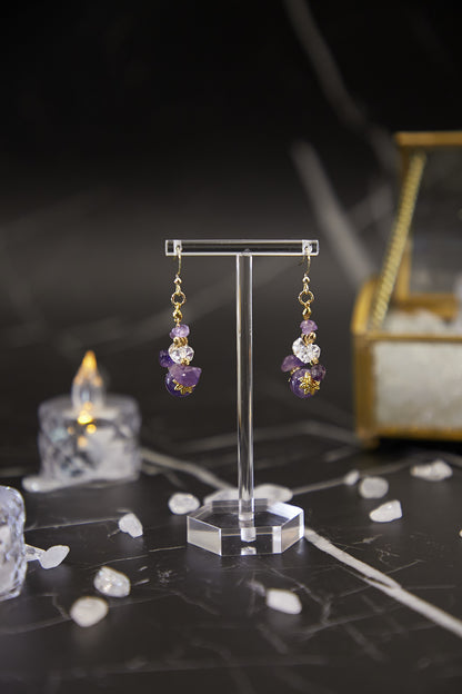 E011-Dreamlike Amethyst．White Crystal Earrings