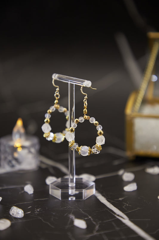 E013-Blue Moon．White Crystal．Hoop Earrings