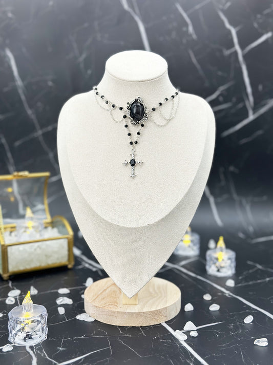 N027-Silver Obsidian Dark Style Cross Magnetic Necklace