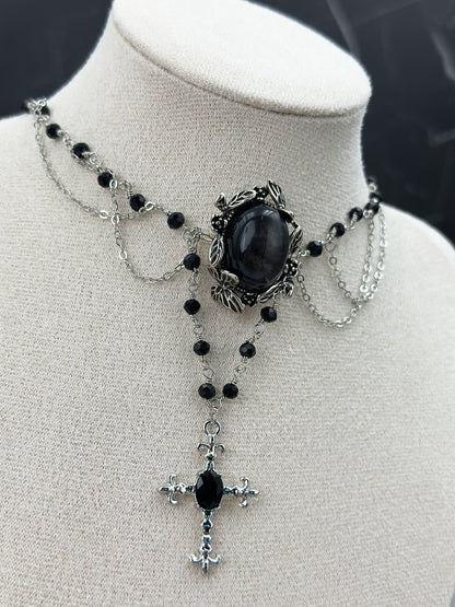 N027-Silver Obsidian Dark Style Cross Magnetic Necklace