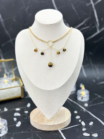 N028-Yellow Tiger Eye Stone Double Chain Magnetic Necklace