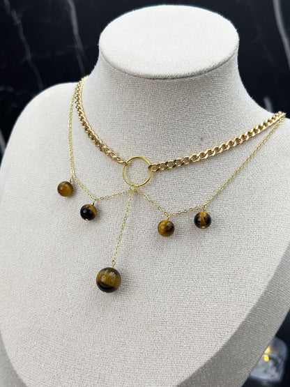 N028-Yellow Tiger Eye Stone Double Chain Magnetic Necklace
