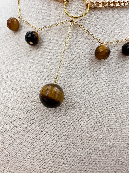 N028-Yellow Tiger Eye Stone Double Chain Magnetic Necklace