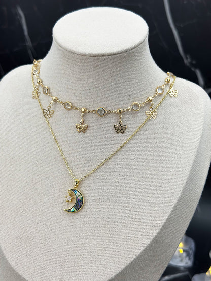 N029-White crystal. Mother-of-pearl double-chain magnetic necklace