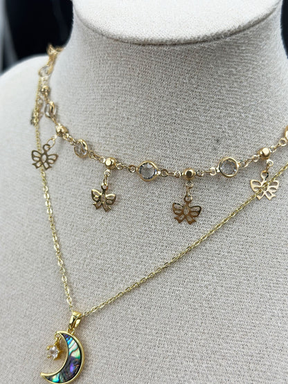 N029-White crystal. Mother-of-pearl double-chain magnetic necklace