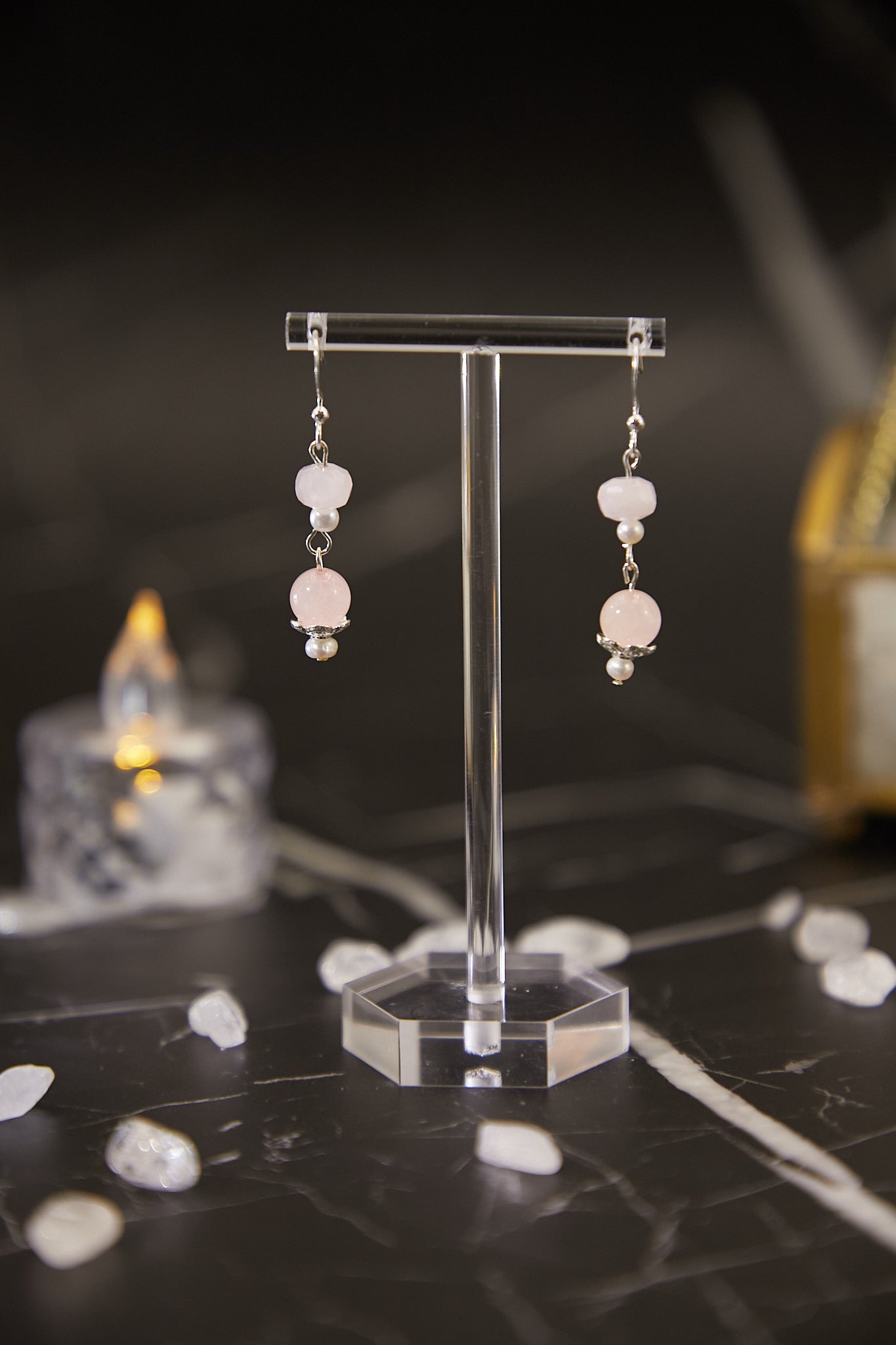 E022-Pink Quartz．Baroque Pearl Earrings