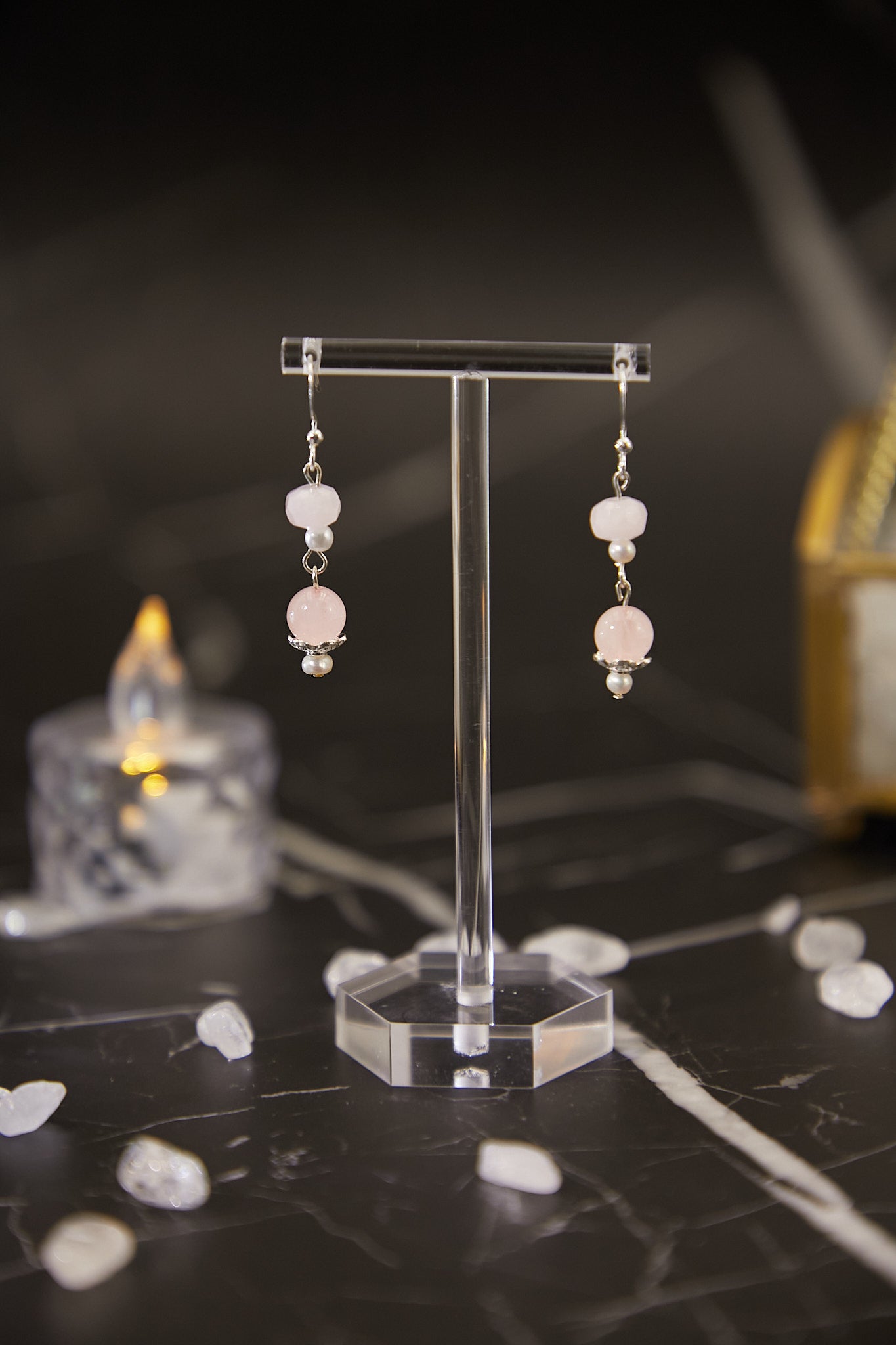 E022-Pink Quartz．Baroque Pearl Earrings