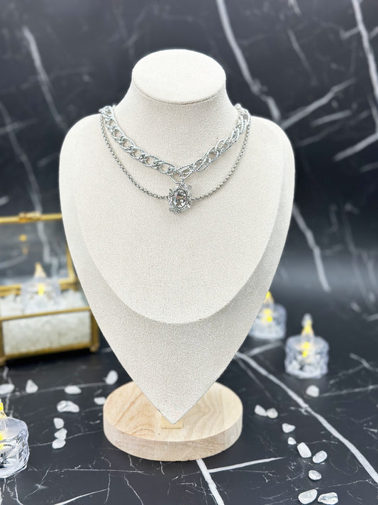 N034-White crystal double chain magnetic necklace
