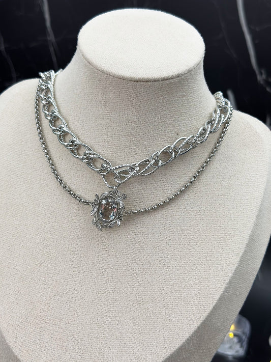 N034-White crystal double chain magnetic necklace