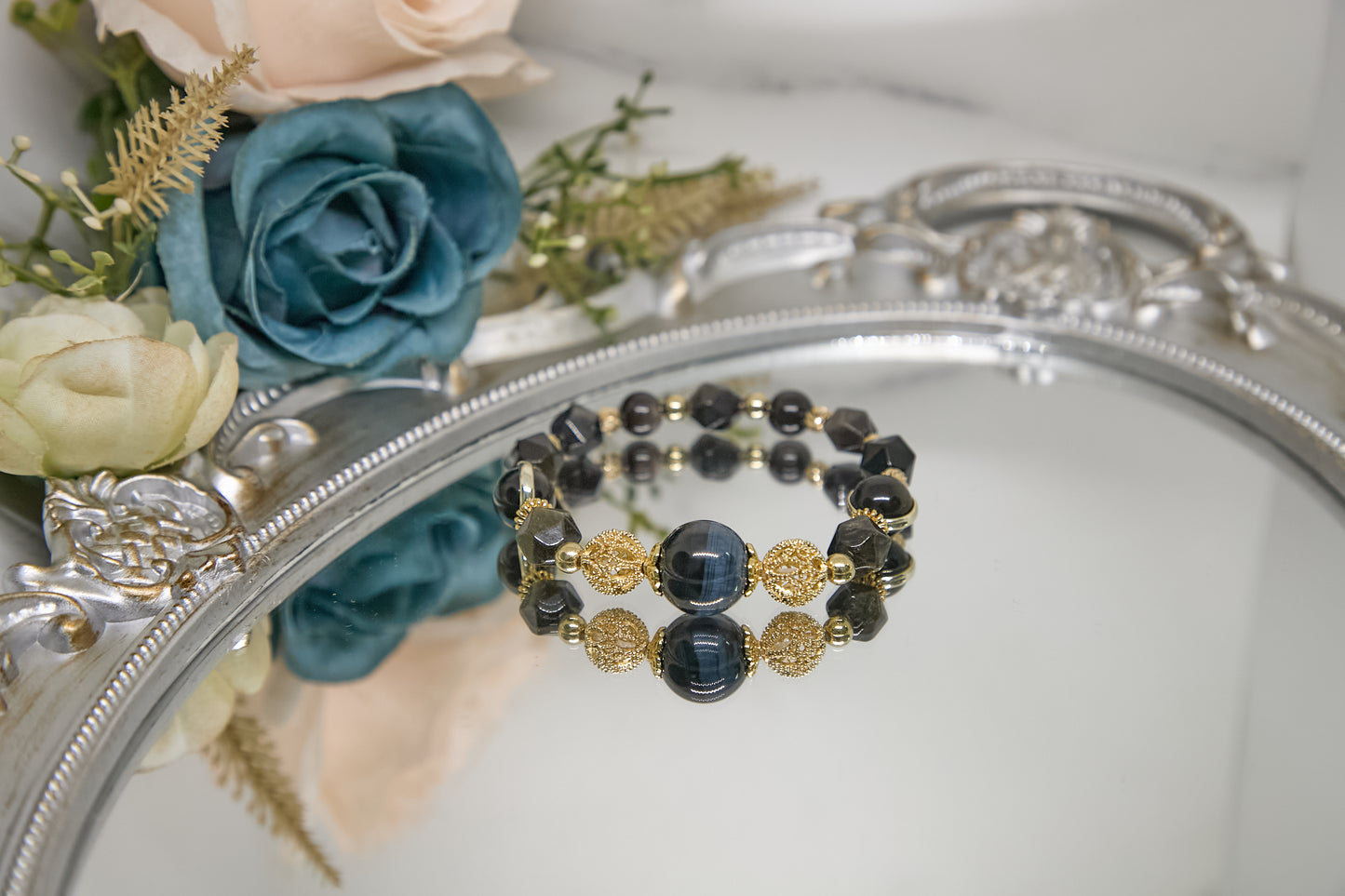 C008-Lightning Blue Tiger Eye Stone. Silver Obsidian. Gold Obsidian