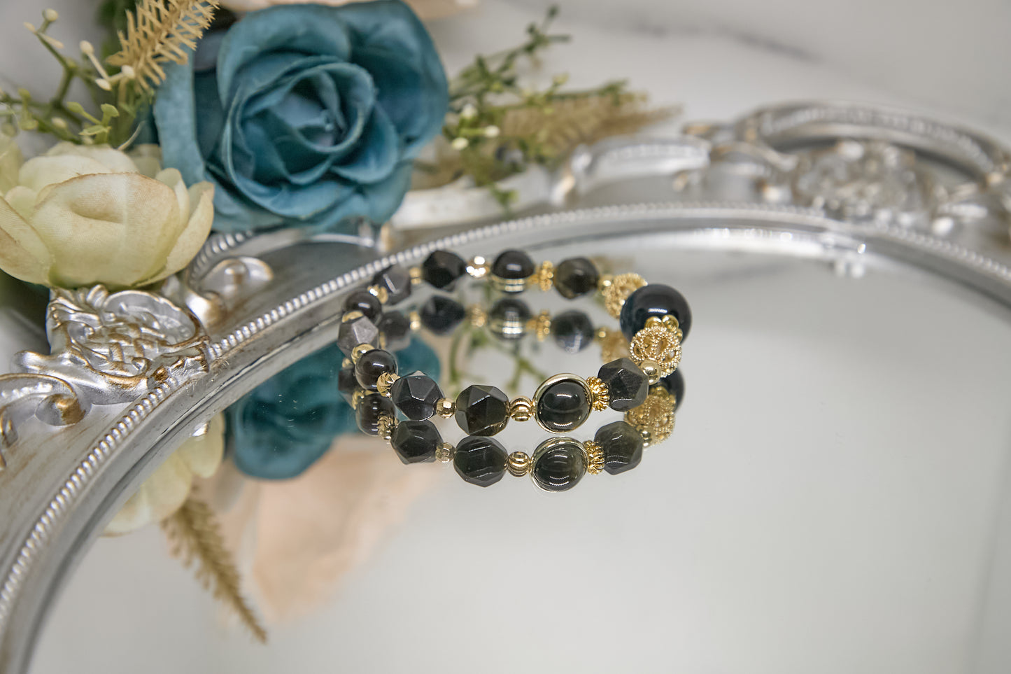 C008-Lightning Blue Tiger Eye Stone. Silver Obsidian. Gold Obsidian