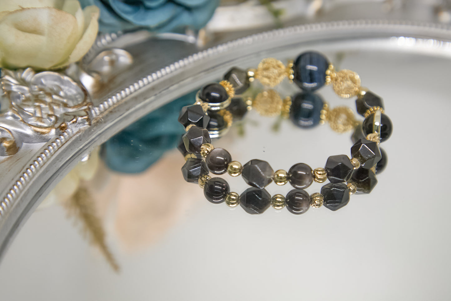 C008-Lightning Blue Tiger Eye Stone. Silver Obsidian. Gold Obsidian